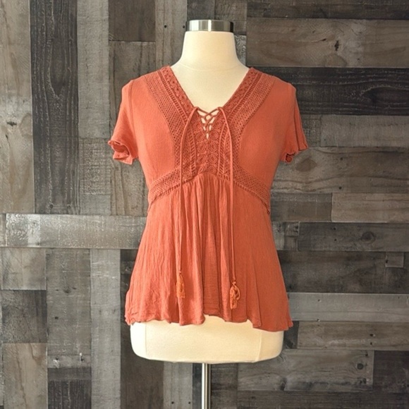 Torrid 00 brown peasant top boho chic flowy festival hippie crochet wanderlust - Picture 11 of 11